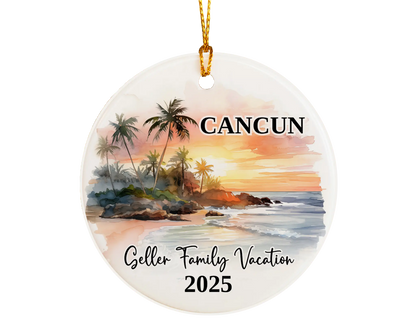 Custom vacation Cancun Mexico ceramic photo ornament with personalized message – handmade Christmas bauble, gift souvenir, or vacation keepsake. 