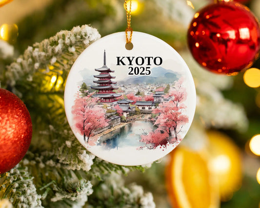 Custom Kyoto Japan ceramic photo ornament with personalized message – handmade Christmas bauble, gift souvenir, or vacation keepsake.  