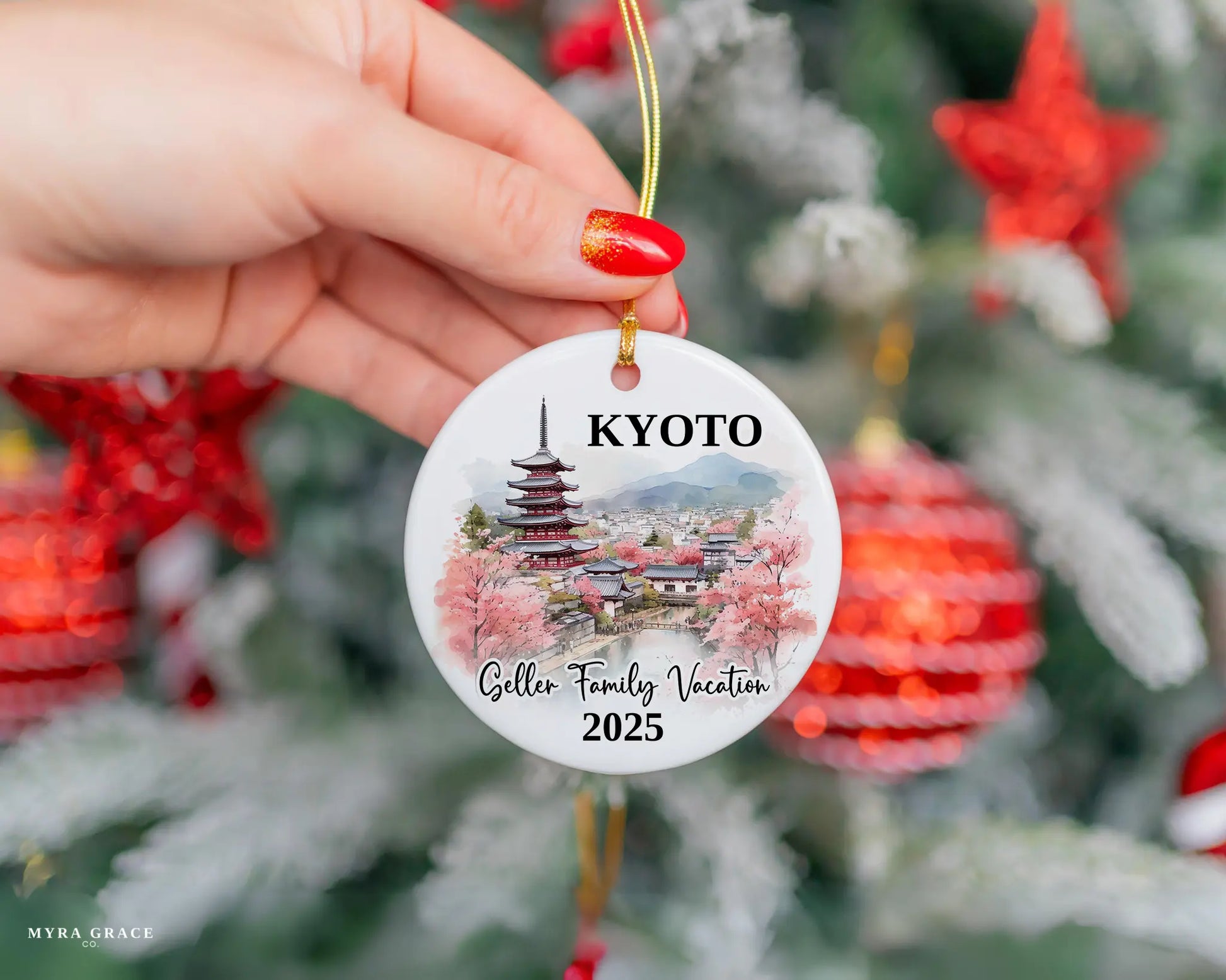 Custom vacation Kyoto Japan ceramic photo ornament with personalized message – handmade Christmas bauble, gift souvenir, or vacation keepsake. 