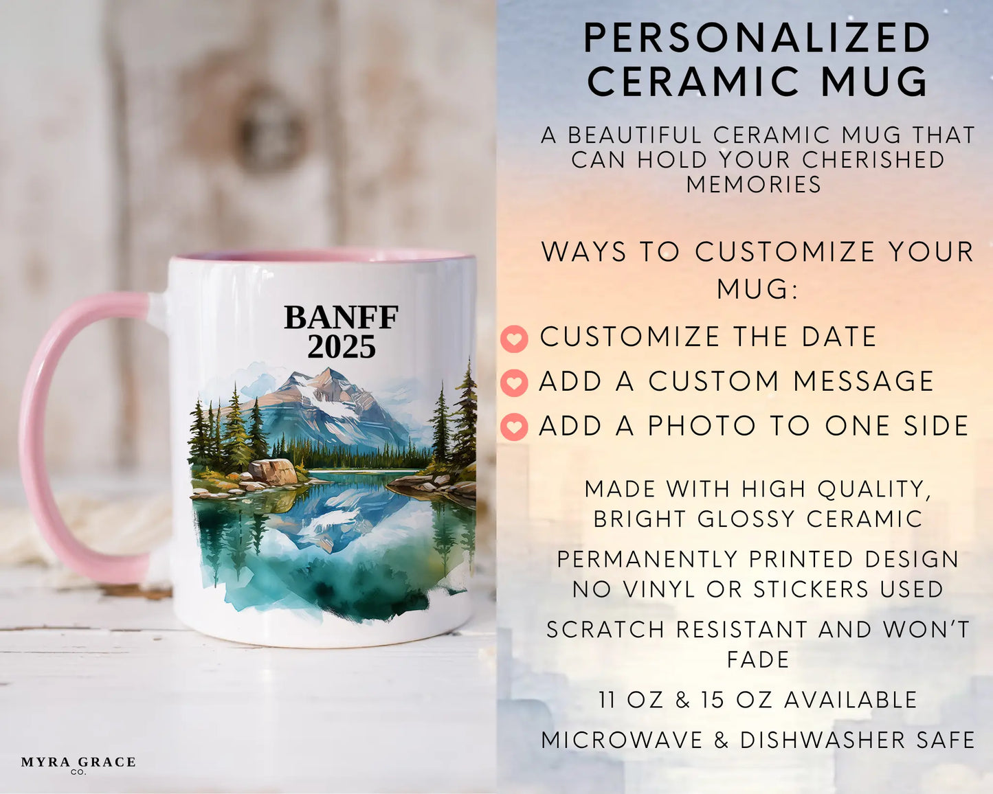 Custom ceramic Banff vacation mug with watercolor location design, date, and personal photo – personalized travel gift or photo mug. Infographic