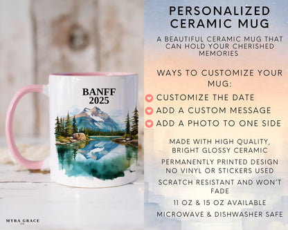Custom ceramic Banff vacation mug with watercolor location design, date, and personal photo – personalized travel gift or photo mug. Infographic