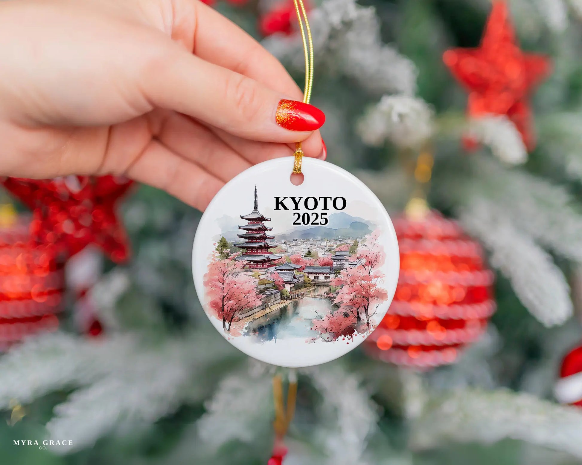 Custom Kyoto Japan ceramic photo ornament with personalized message – handmade Christmas bauble, gift souvenir, or vacation keepsake.  