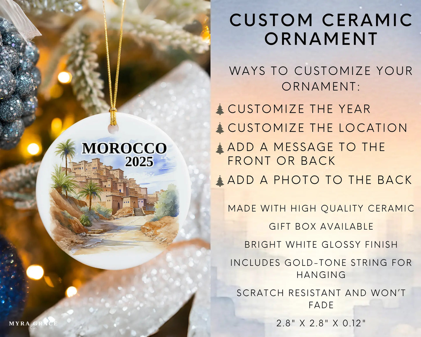 Custom Morocco ceramic photo ornament with personalized message – handmade Christmas bauble, gift souvenir, or vacation keepsake.  Infographic