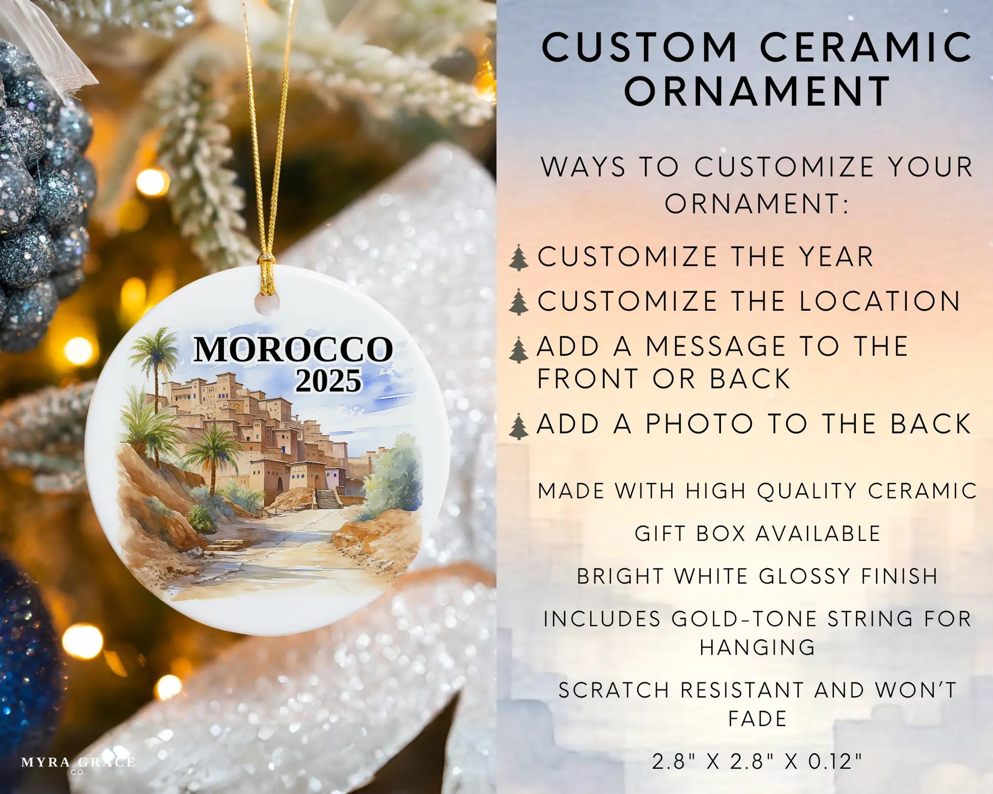 Custom Morocco ceramic photo ornament with personalized message – handmade Christmas bauble, gift souvenir, or vacation keepsake.  Infographic