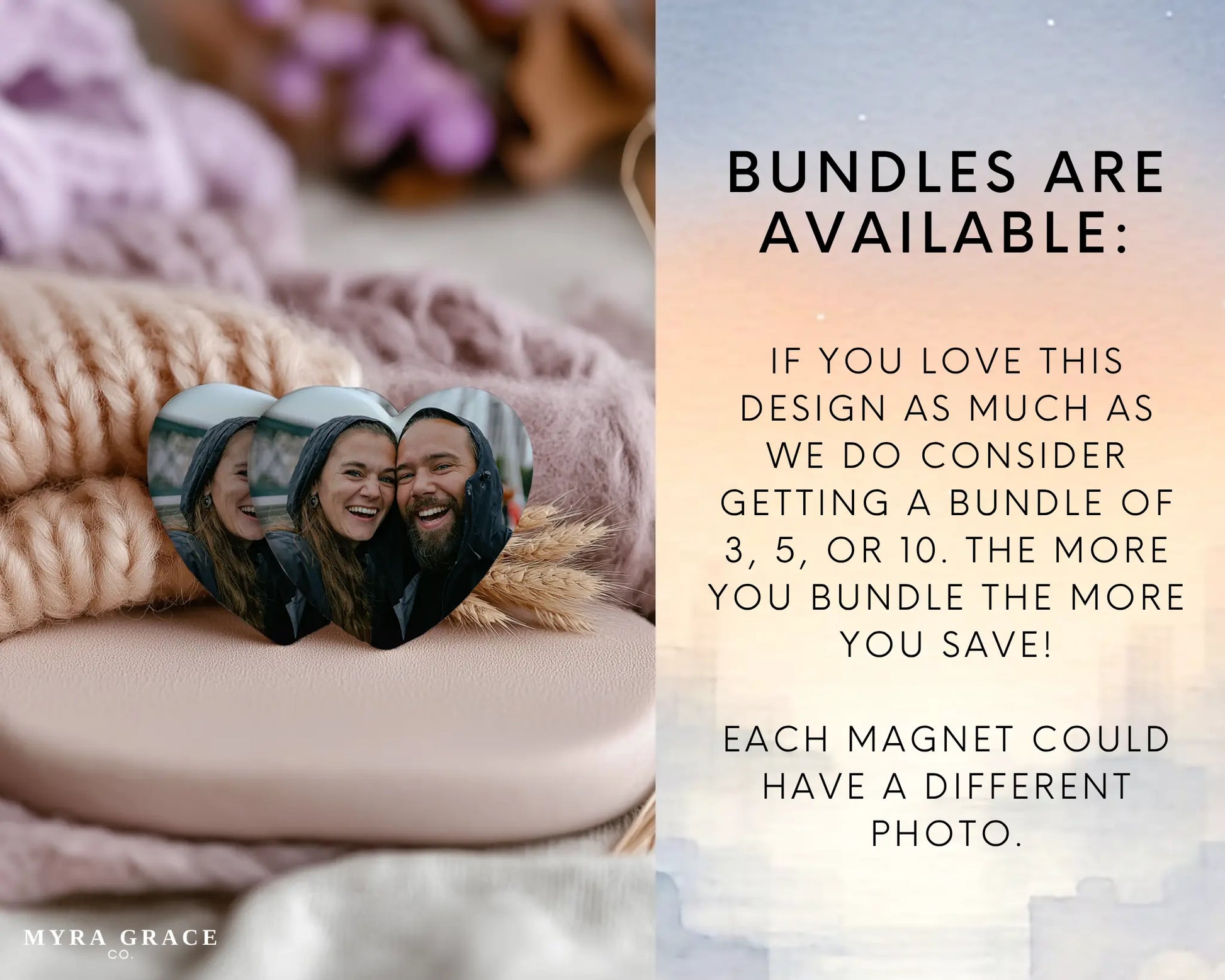 Heart-shaped custom couples ceramic photo magnet on fridge – handmade personalized gift or Christmas fridge magnet. Bundles are available