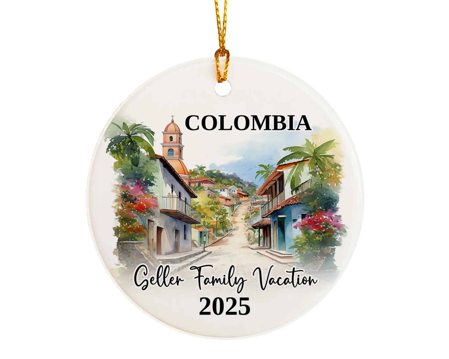 Custom vacation Colombia ceramic photo ornament with personalized message – handmade Christmas bauble, gift souvenir, or vacation keepsake. 