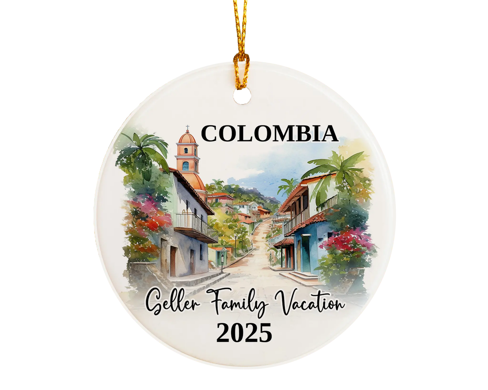 Custom vacation Colombia ceramic photo ornament with personalized message – handmade Christmas bauble, gift souvenir, or vacation keepsake. 