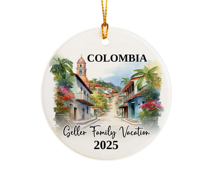 Custom vacation Colombia ceramic photo ornament with personalized message – handmade Christmas bauble, gift souvenir, or vacation keepsake. 