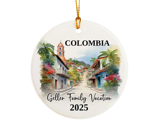 Custom vacation Colombia ceramic photo ornament with personalized message – handmade Christmas bauble, gift souvenir, or vacation keepsake. 