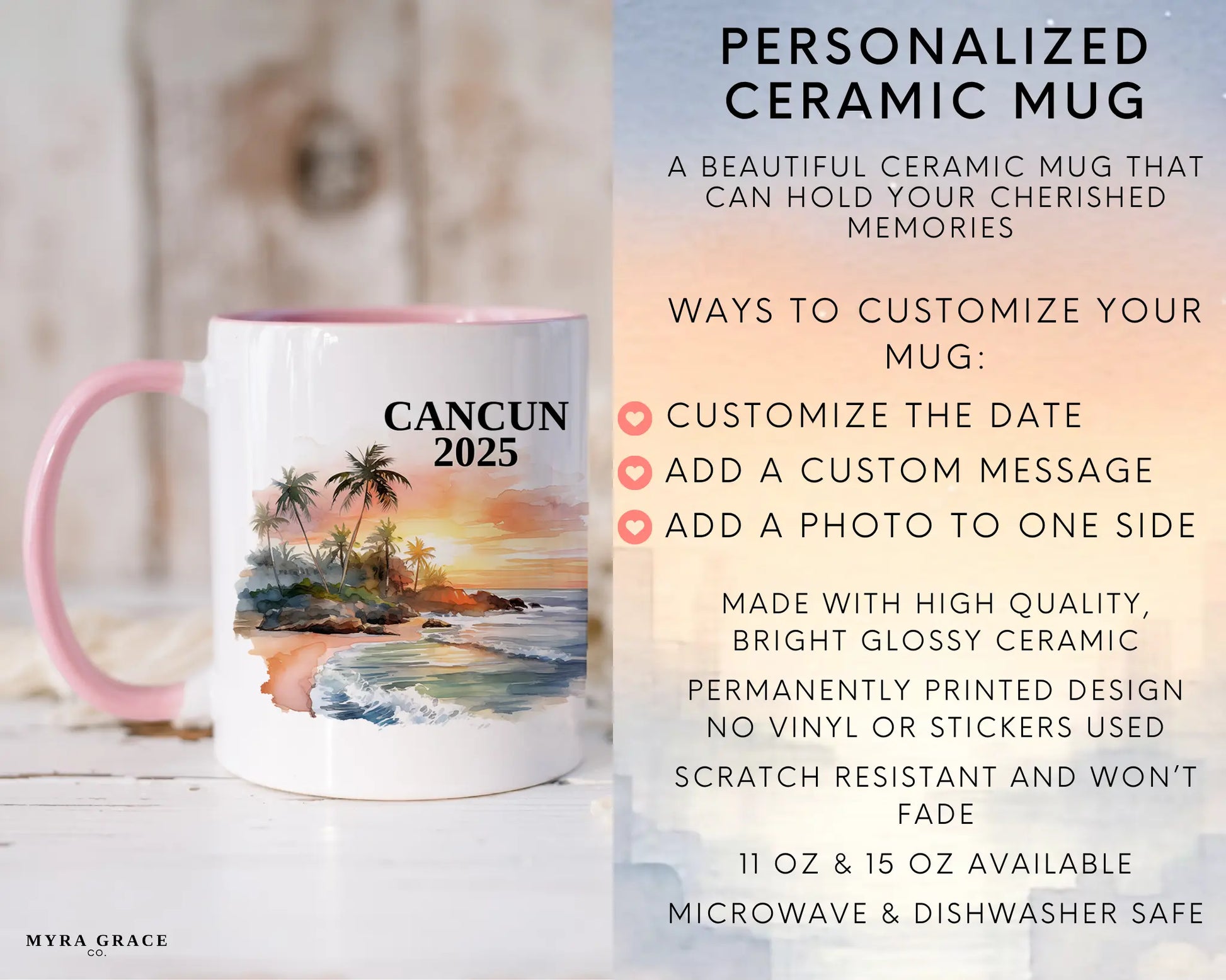 Custom ceramic Cancun Mexico vacation mug with watercolor location design, date, and personal photo – personalized travel gift or photo mug. Infographic
