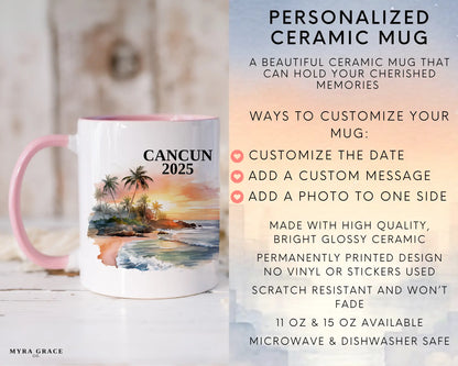 Custom ceramic Cancun Mexico vacation mug with watercolor location design, date, and personal photo – personalized travel gift or photo mug. Infographic