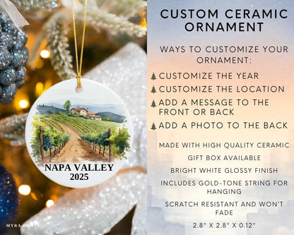 Custom Napa Valley California ceramic photo ornament with personalized message – handmade Christmas bauble, gift souvenir, or vacation keepsake.  Infographic
