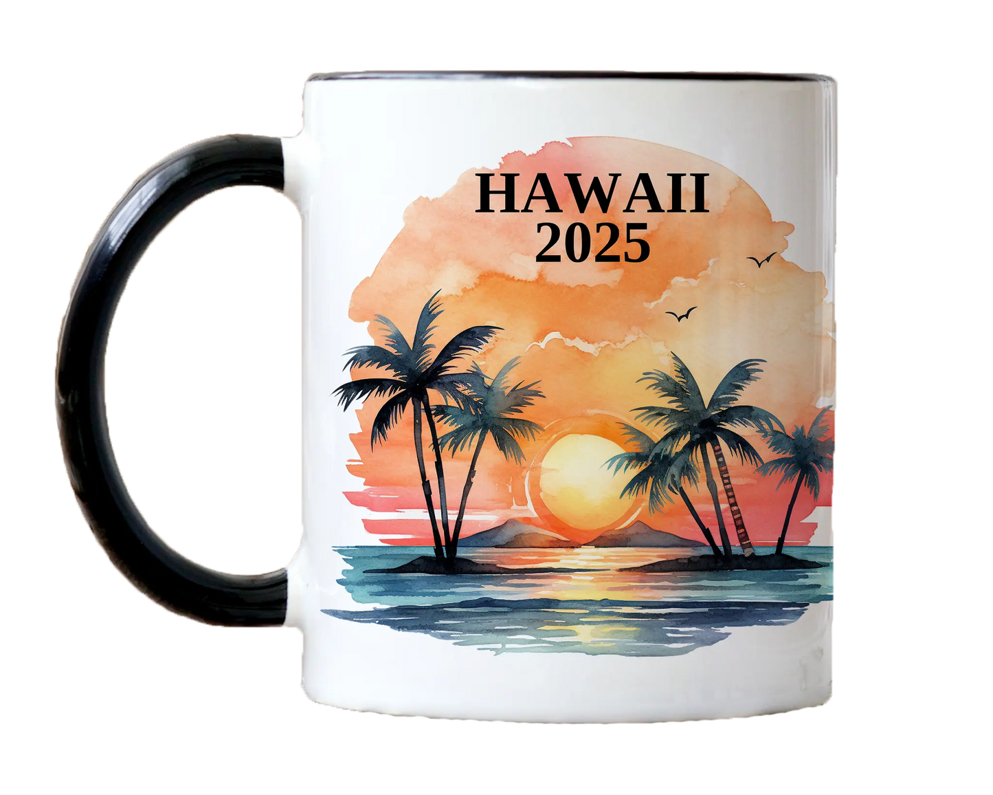 Custom ceramic Hawaii vacation mug with watercolor location design, date, and personal photo – personalized travel gift or photo mug. 