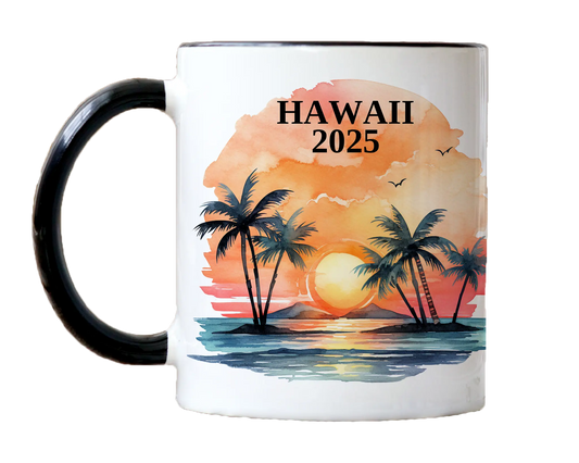 Custom ceramic Hawaii vacation mug with watercolor location design, date, and personal photo – personalized travel gift or photo mug. 