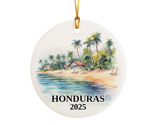 Custom Honduras ceramic photo ornament with personalized message – handmade Christmas bauble, gift souvenir, or vacation keepsake. 