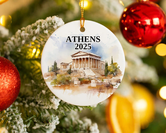 Custom Athens, Greece ceramic photo ornament with personalized message – handmade Christmas bauble, gift souvenir, or vacation keepsake.
