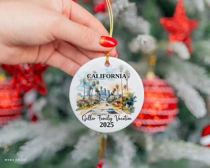 Custom vacation California Los Angeles ceramic photo ornament with personalized message – handmade Christmas bauble, gift souvenir, or vacation keepsake. 