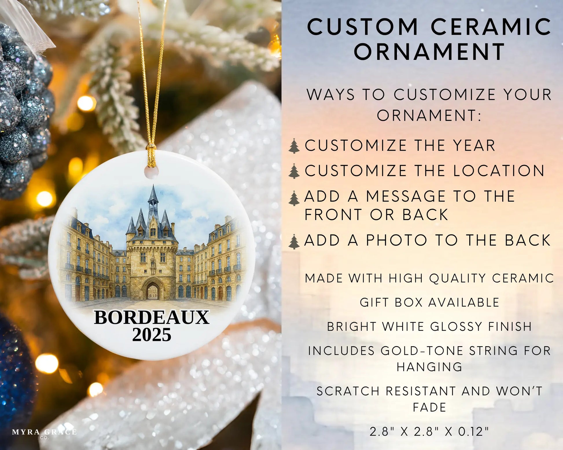 Custom Bordeaux France ceramic photo ornament with personalized message – handmade Christmas bauble, gift souvenir, or vacation keepsake. 