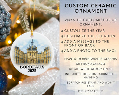 Custom Bordeaux France ceramic photo ornament with personalized message – handmade Christmas bauble, gift souvenir, or vacation keepsake. 
