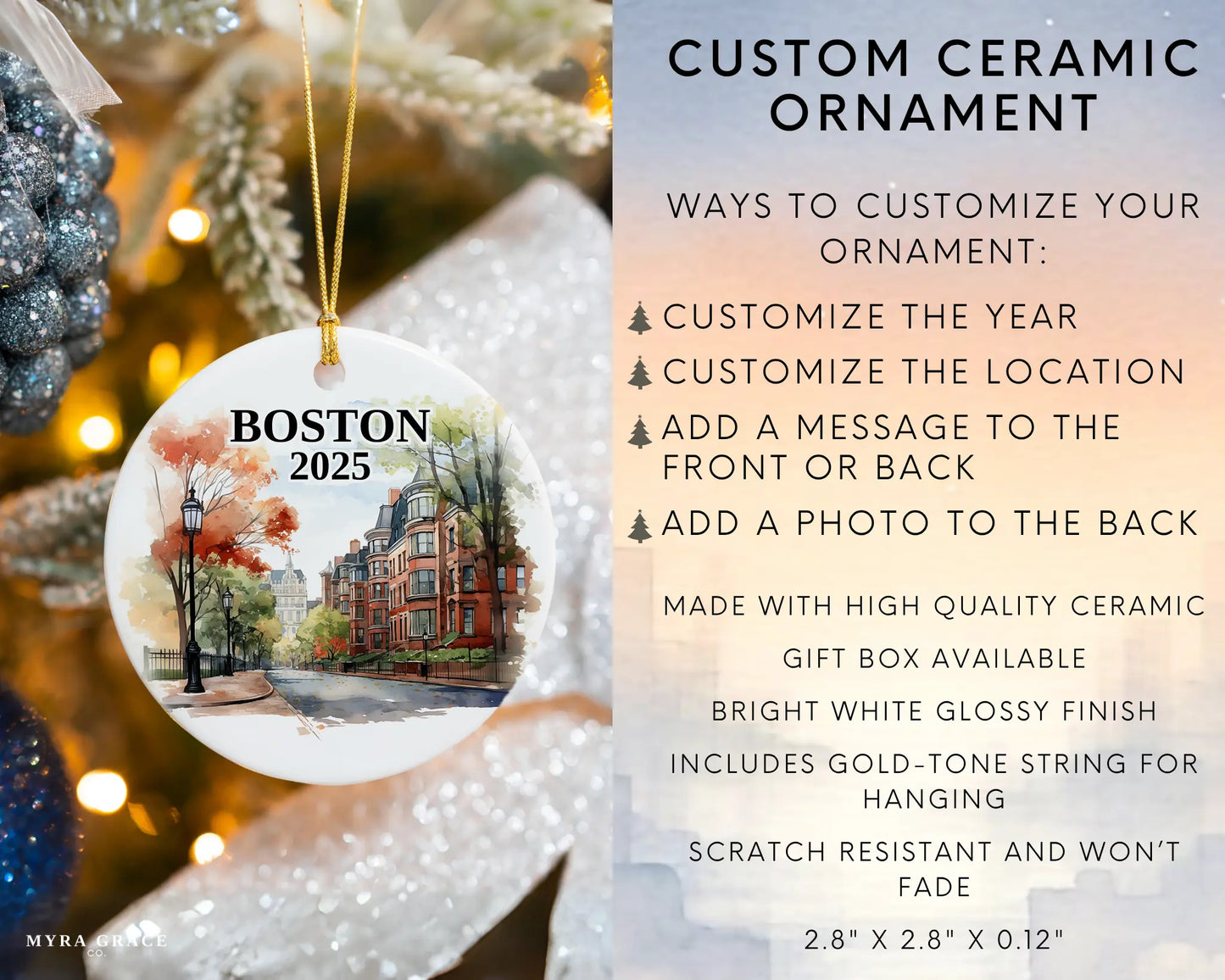 Boston Massachusetts Ornament Custom Gift Souvenir Bauble. Custom Boston Massachusetts ceramic photo ornament with personalized message – handmade Christmas bauble, gift souvenir, or vacation keepsake.  Infographic