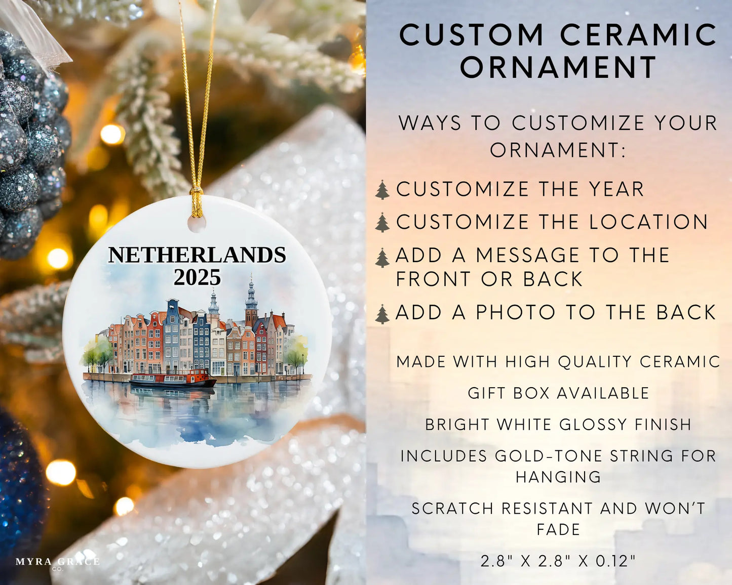 Custom Netherlands ceramic photo ornament with personalized message – handmade Christmas bauble, gift souvenir, or vacation keepsake.  Infographic