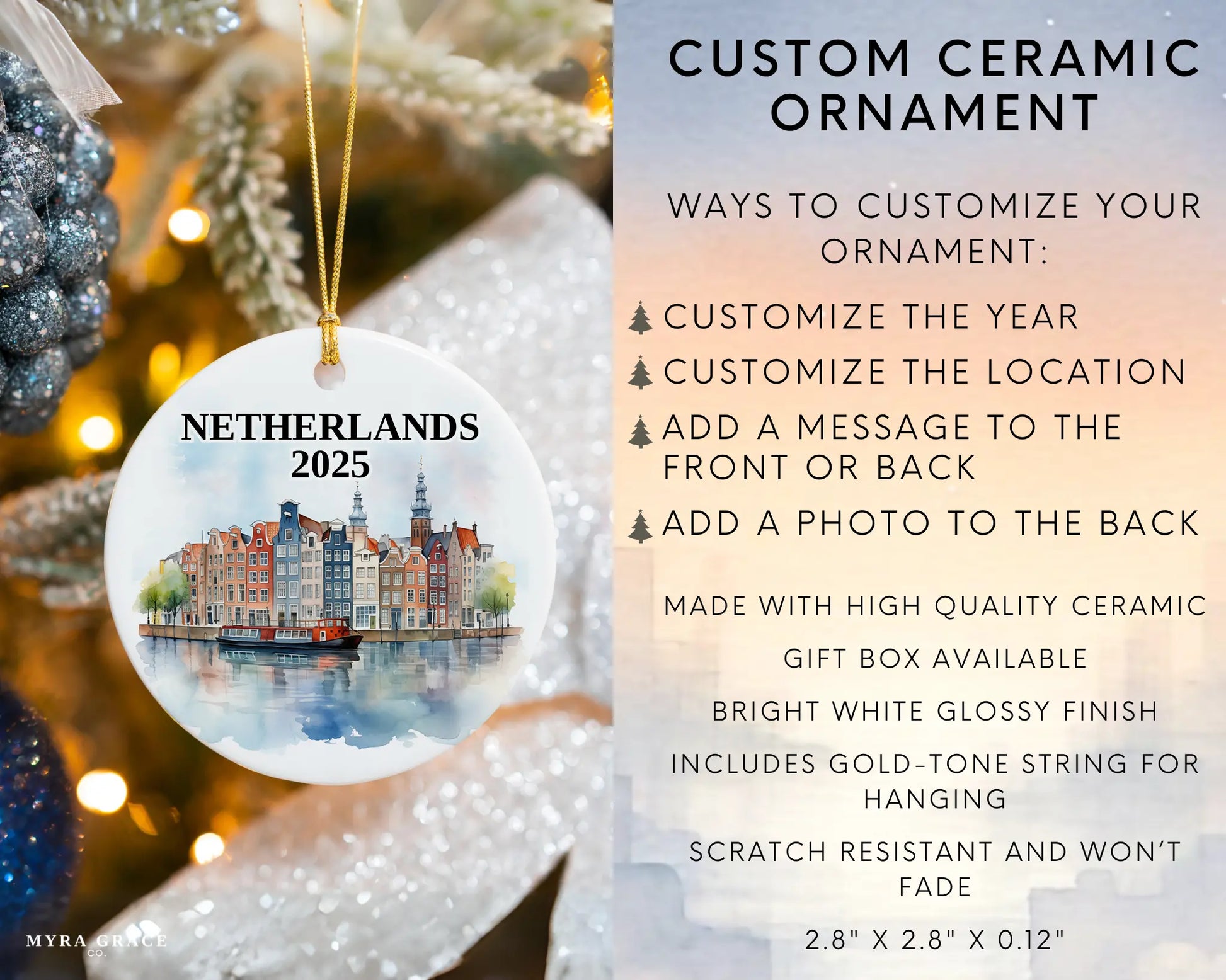 Custom Netherlands ceramic photo ornament with personalized message – handmade Christmas bauble, gift souvenir, or vacation keepsake.  Infographic
