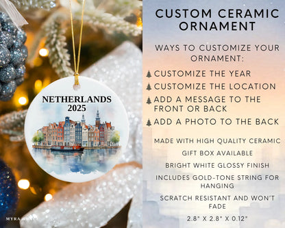 Custom Netherlands ceramic photo ornament with personalized message – handmade Christmas bauble, gift souvenir, or vacation keepsake.  Infographic